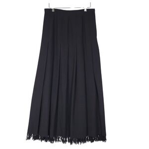 Dana Buchman Black 100% Wool Pleated Maxi Midi Skirt with Fringed Hem Size 10